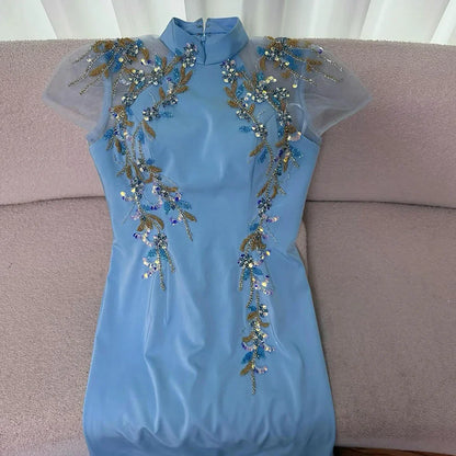 Luxury Mint Beaded Satin Mermaid Evening Dress with Corset LA72797