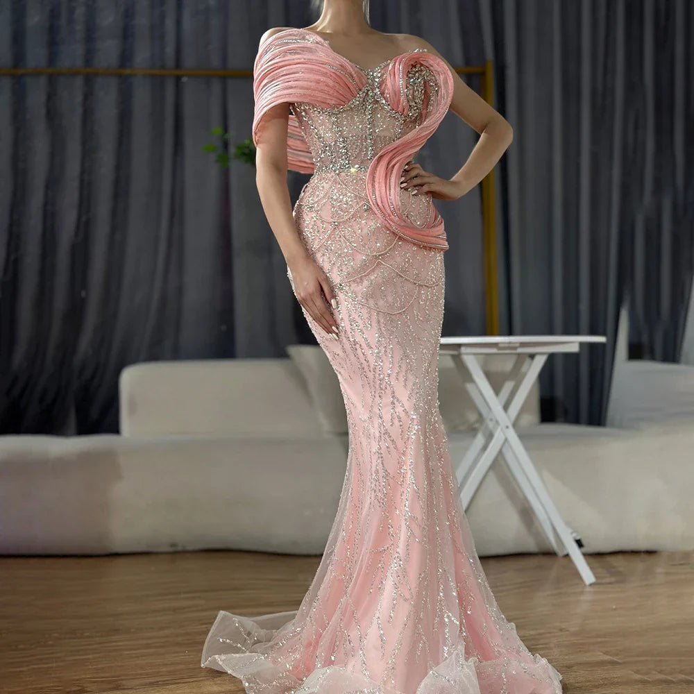 Pink One-Shoulder Luxury Beaded Cut Out Mermaid Evening Dress LA72455