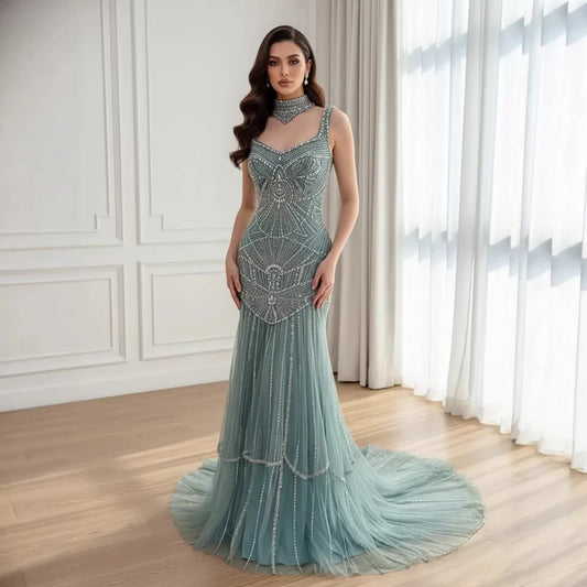 Luxury Turquoise Arabic Mermaid Beaded Evening Dress LA73189B