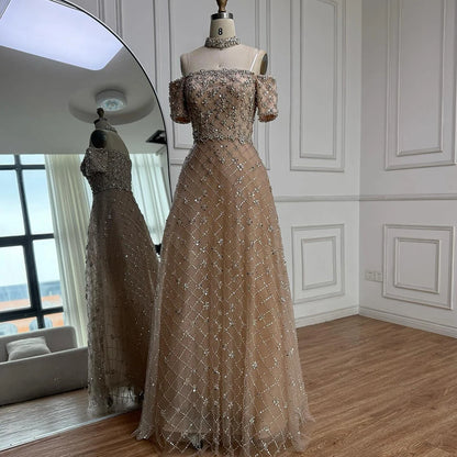 Luxury Nude Sliver Off Shoulder Beaded Crystal A-Line Evening Dress LA73122