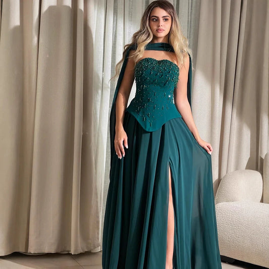 Luxury Green Beaded Corset Evening Dress with Cape LA73367