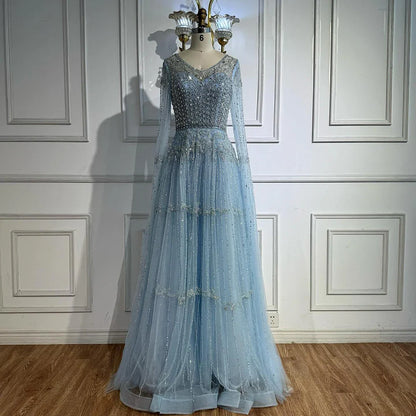Elegant A-Line Beaded Evening Dress with Cape Sleeves LA73075