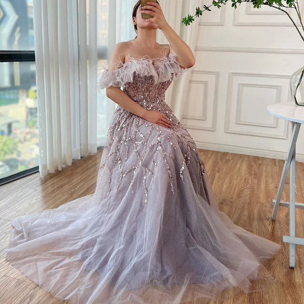 Luxury Turquoise Beaded Feather A Line Evening Dress LA71328