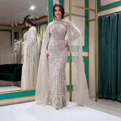 Luxury Caramel Arabic Beaded Mermaid Evening Dress with Cape Sleeves LA72652