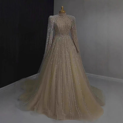 Luxury Nude Muslin Modest Beaded Evening Dress with Cape LA73271