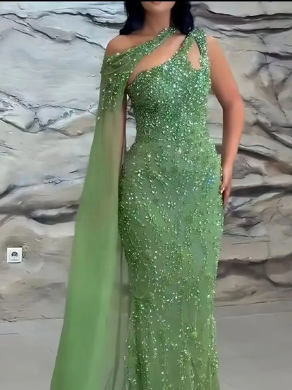 Luxury Green Beaded A-Line Evening Dress LA73424
