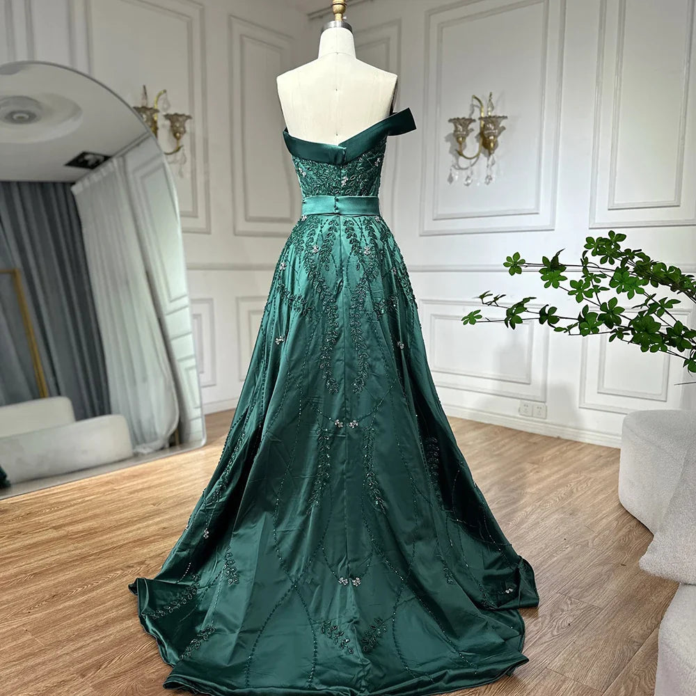 Luxury Dubai  Green Arabic One-Shoulder Satin Evening Gown Beaded Dress with Overskirt and Split for Formal Occasion LA72178