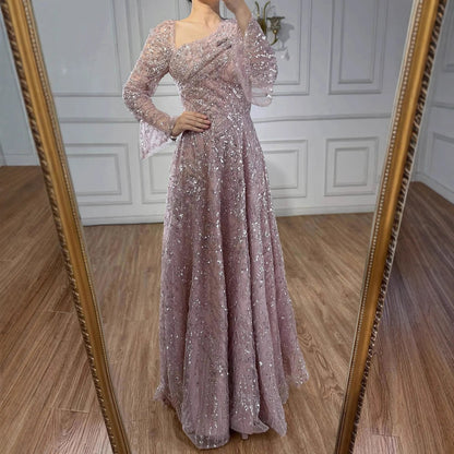 Luxury Turquoise Beaded A-Line Evening Dress with Puffy Sleeves LA73177