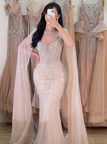Luxury Designer Beige Beaded Evening Dress with Cape Sleeves LA72992