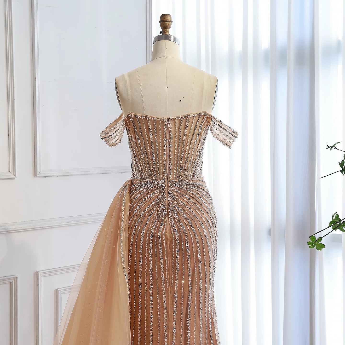 Luxury Nude Off Shoulder Beaded Mermaid Gown with Overskirt LA73139