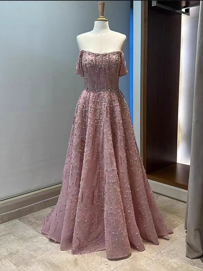 Luxury Arabic Pink Off Shoulder Beaded A-Line Evening Dress LA73326