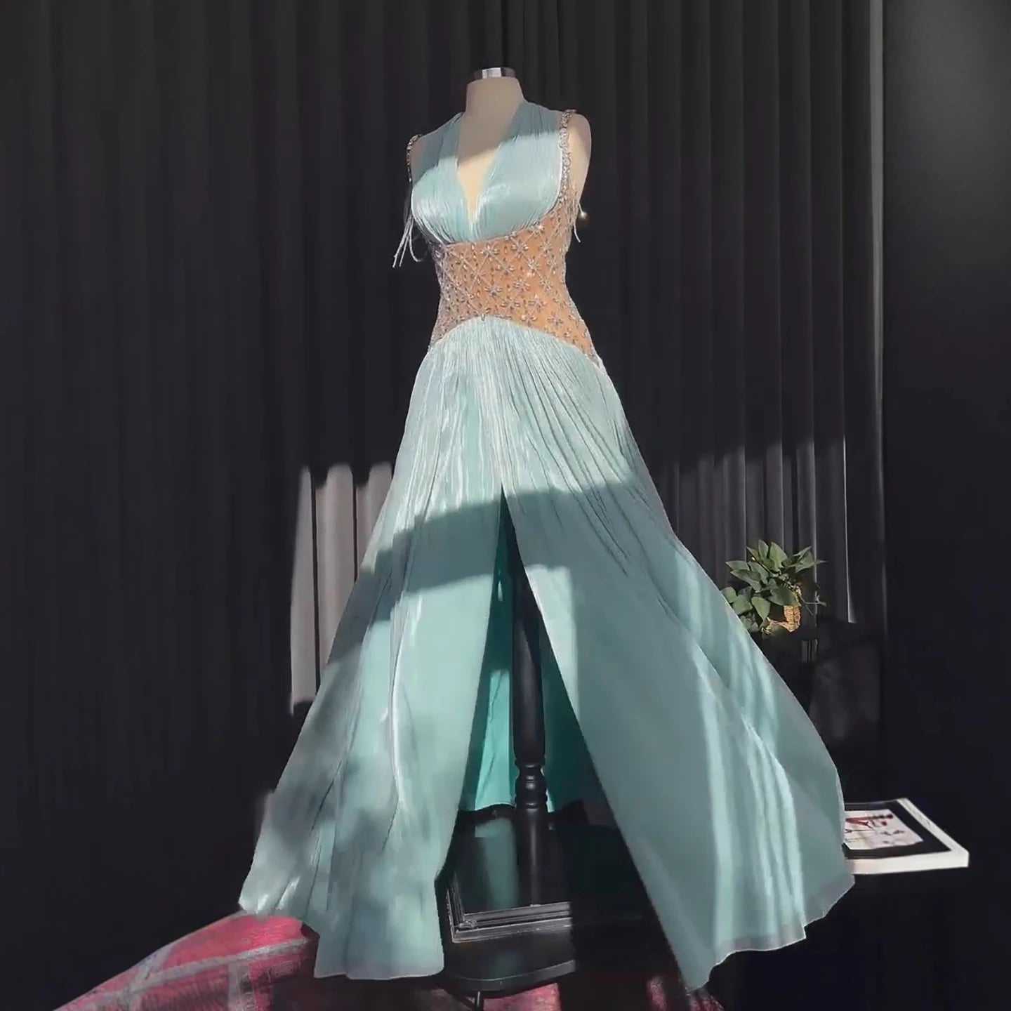 Luxury Turquoise Crystal Beaded A-Line Evening Dress LA73421