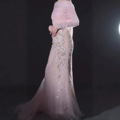 Luxury Pink Beaded Mermaid Evening Dress with Sheer Cape LA73346