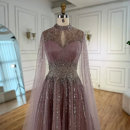 Luxury Modest Blue Beaded Evening Dress with Cape LA73059