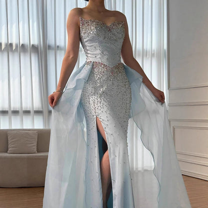 Luxury Blue Crystal Beaded Mermaid Evening Dress with Overskirt LA73145