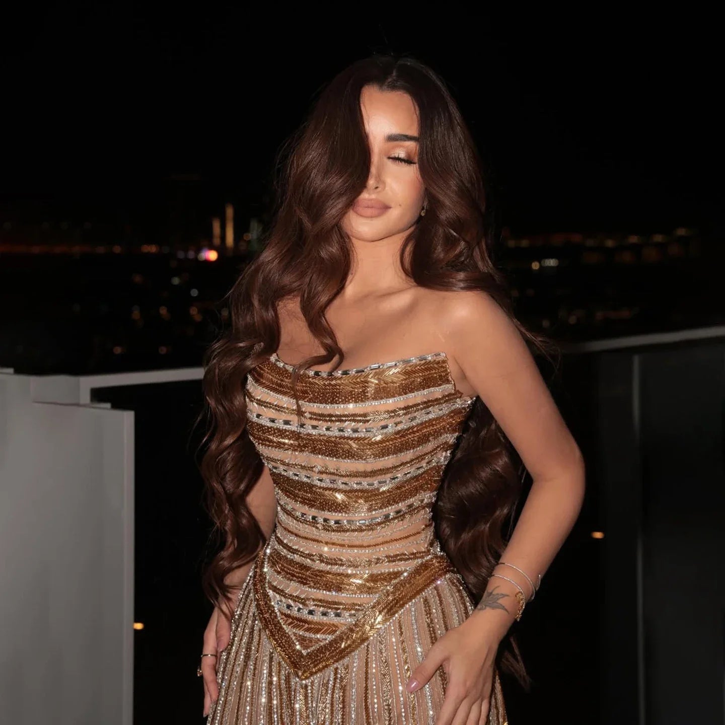 Luxury Caramel Beaded Arabic A-Line Corset Evening Dress LA73359