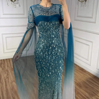 Luxury Arabic Gradient Green Mermaid Evening Dress With Cape LA73414