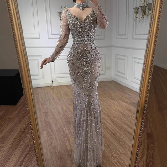 Luxury Caramel Beaded Crystal Mermaid Evening Dress Long Sleeves LA73042B
