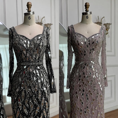 Luxury Black Silver Sequin Long Sleeve Mermaid Evening Dress LA73113