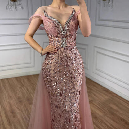 فستان سهرة وردي مطرز من سيرين هيل مكشوف الكتفين LA73413