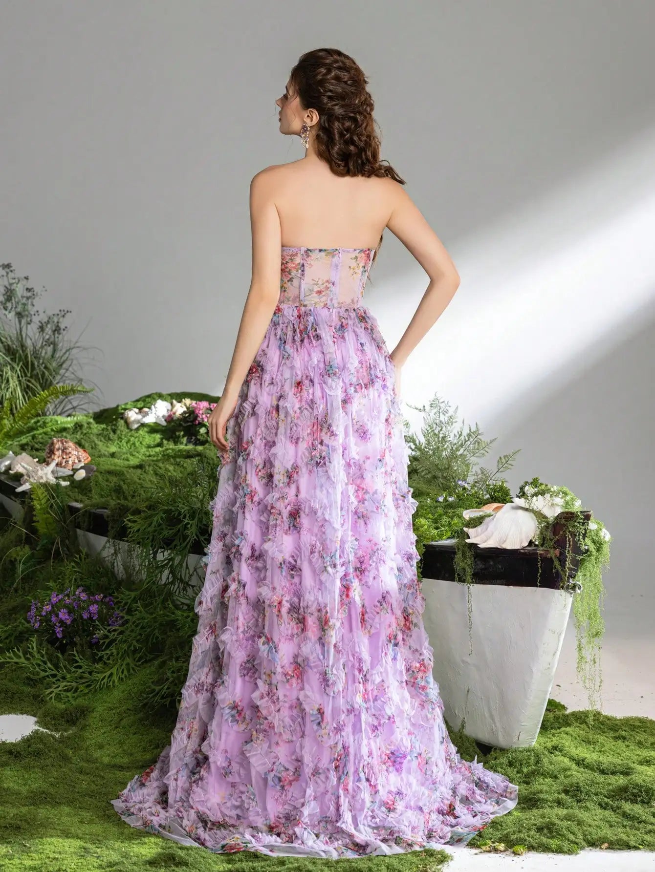 Pink A-Line Tulle Printed Ruffle Tiered Prom Dress LA73275