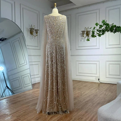 Luxury Dubai Nude Modest Muslin A-Line Evening Dress Plus Size LA72590B