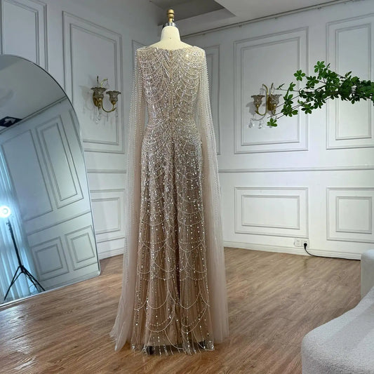 Luxury Dubai Nude Modest Muslin A-Line Evening Dress Plus Size LA72590B