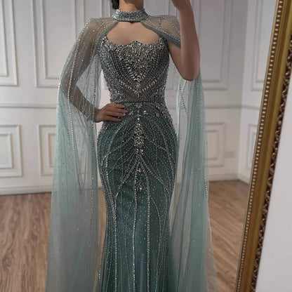 Luxury Dubai Nude Mermaid Evening Dress with Cape Sleeves LA73195