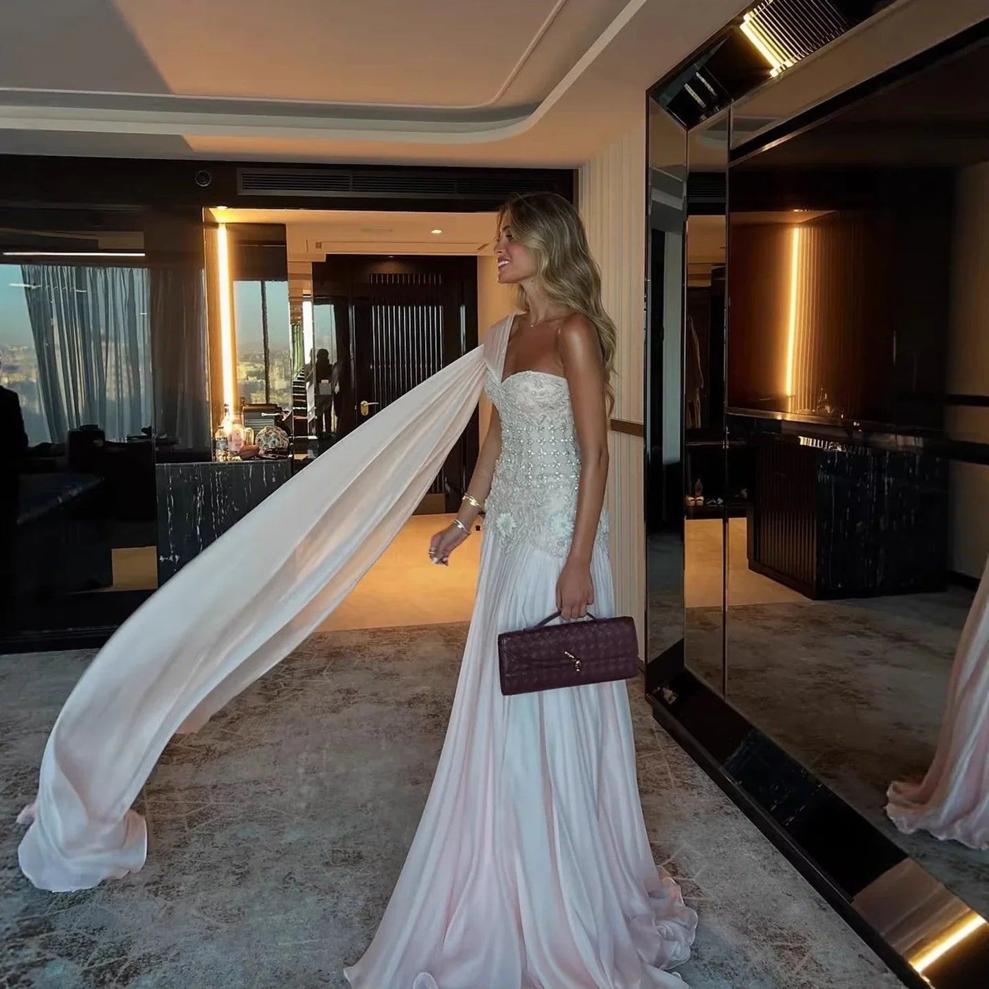 Luxury Pink Arabic Floral Evening Dress With Cape LA73451