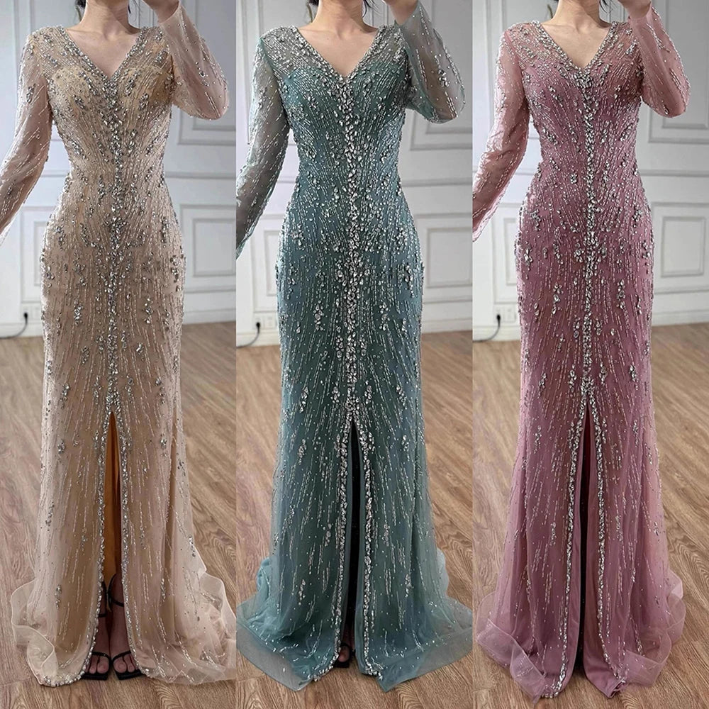 Luxury Turquoise Crystal Beaded Evening Dress Elegant Slit Gown LA73179