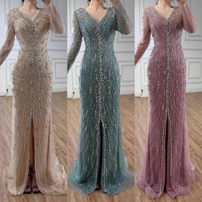 Luxury Turquoise Crystal Beaded Evening Dress Elegant Slit Gown LA73179