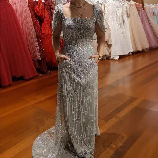 Luxury Turkish Grey Beaded Mermaid Evening Dress With Cape LA73357