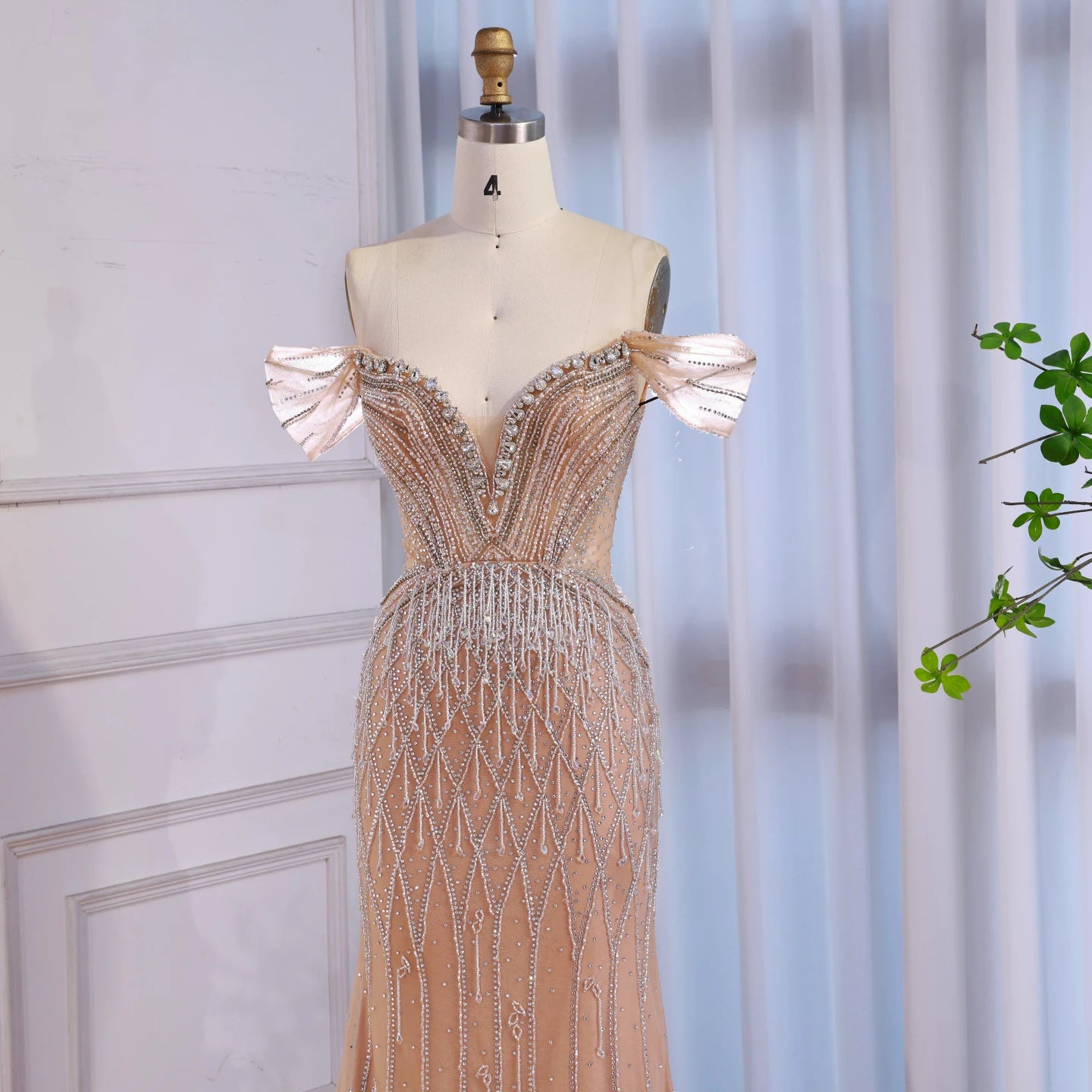 Luxury Nude Off Shoulder Beaded Tassel Evening Dress LA72854A
