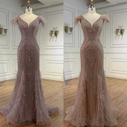 Luxury Designer  Pink Feather Beaded  Mermaid Evening Dress LA73098