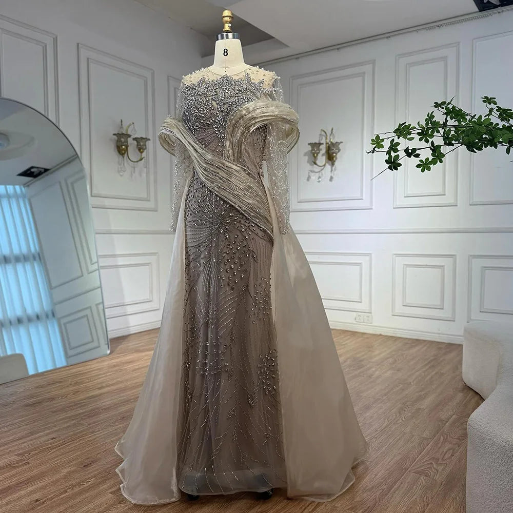 Luxury Nude Beaded Mermaid Evening Dress with Overskirt LA72932