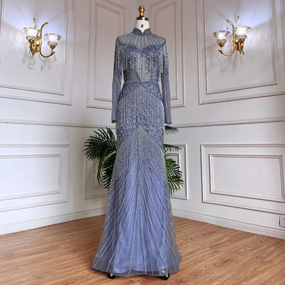 Luxury Blue Beaded Tassel Mermaid Evening Dress Dubai Style LA71986