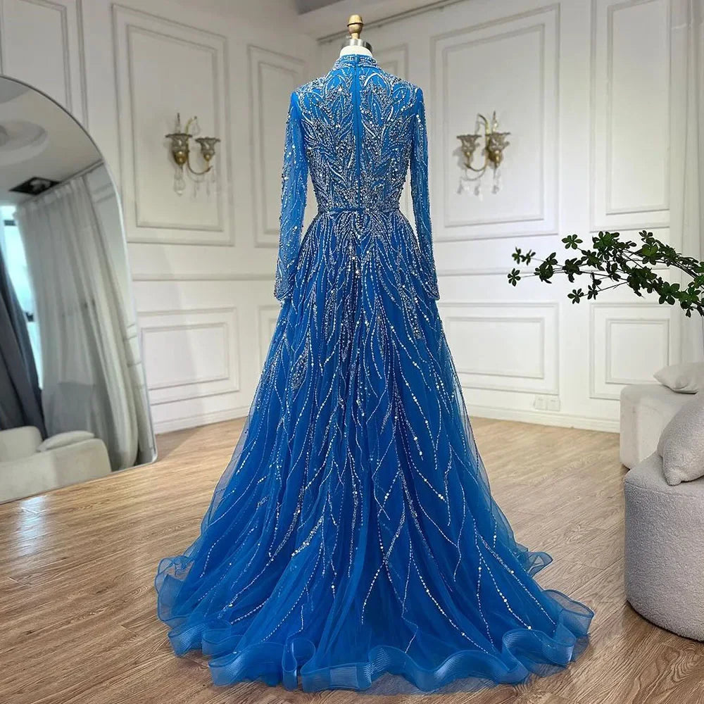Luxury Muslim Blue A-Line Beaded Dubai Evening Dress LA72302A