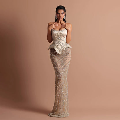 Luxury Nude Beaded Strapless Mermaid Evening Dress LA73166