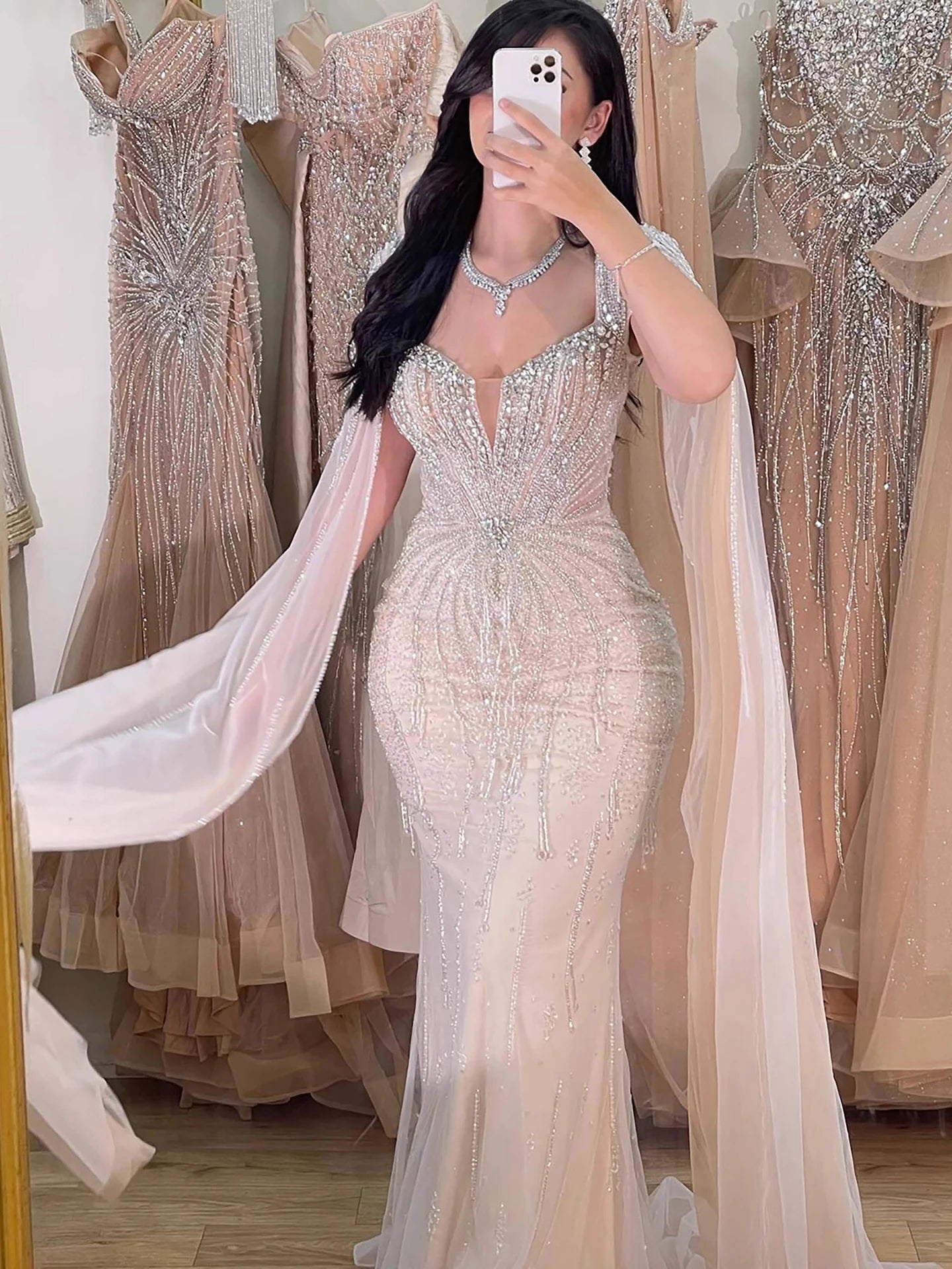 Luxury Designer Beige Beaded Evening Dress with Cape Sleeves LA72992