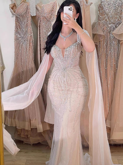 Luxury Designer Beige Beaded Evening Dress with Cape Sleeves LA72992