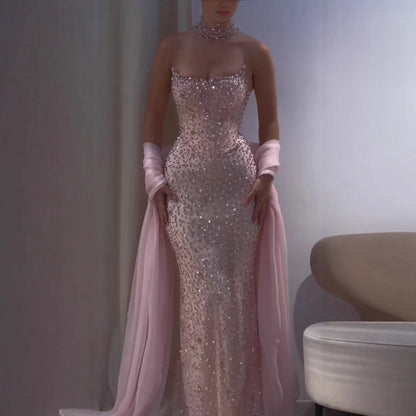Luxury Pink Diamond Evening Dress with Cape Gown for Wedding Party LA73225