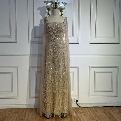 Luxury Dubai Nude Modest Muslin A-Line Evening Dress Plus Size LA72590B