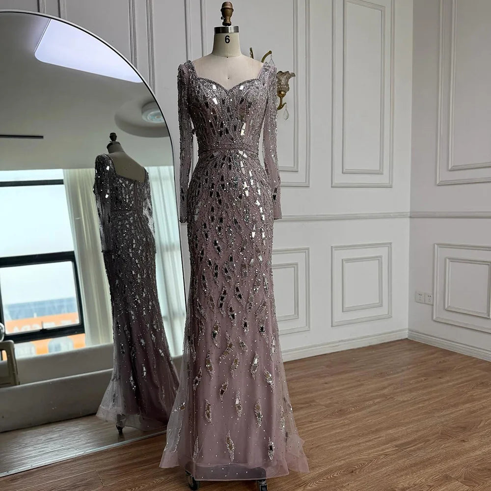 Luxury Black Silver Sequin Long Sleeve Mermaid Evening Dress LA73113