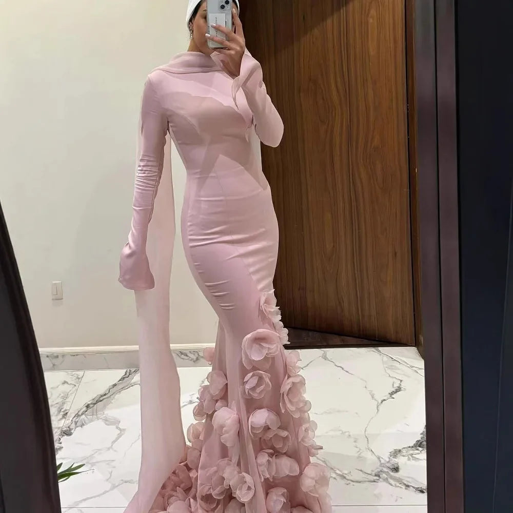Luxury Pink 3D Flower Evening Dress  Long Sleeves LA72954