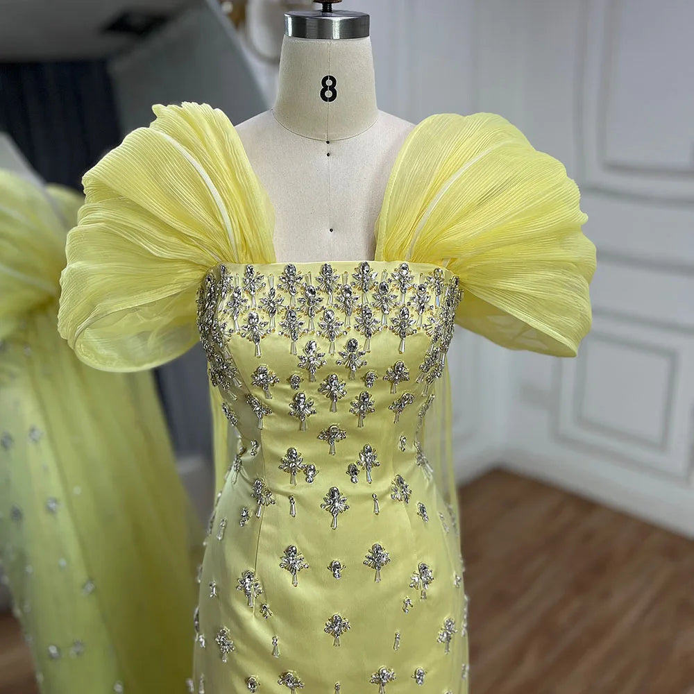 Luxury Dubai  Elegant Yellow Saudi Arabic Ankle Length Evening Gown Beaded Dress for Formal Occasion LA72756