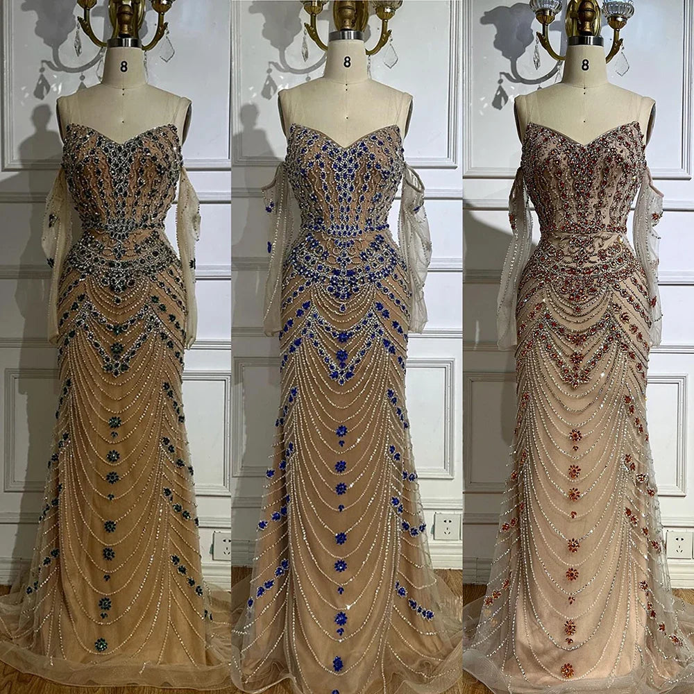 Luxury Blue Beaded Mermaid Evening Dress LA72858