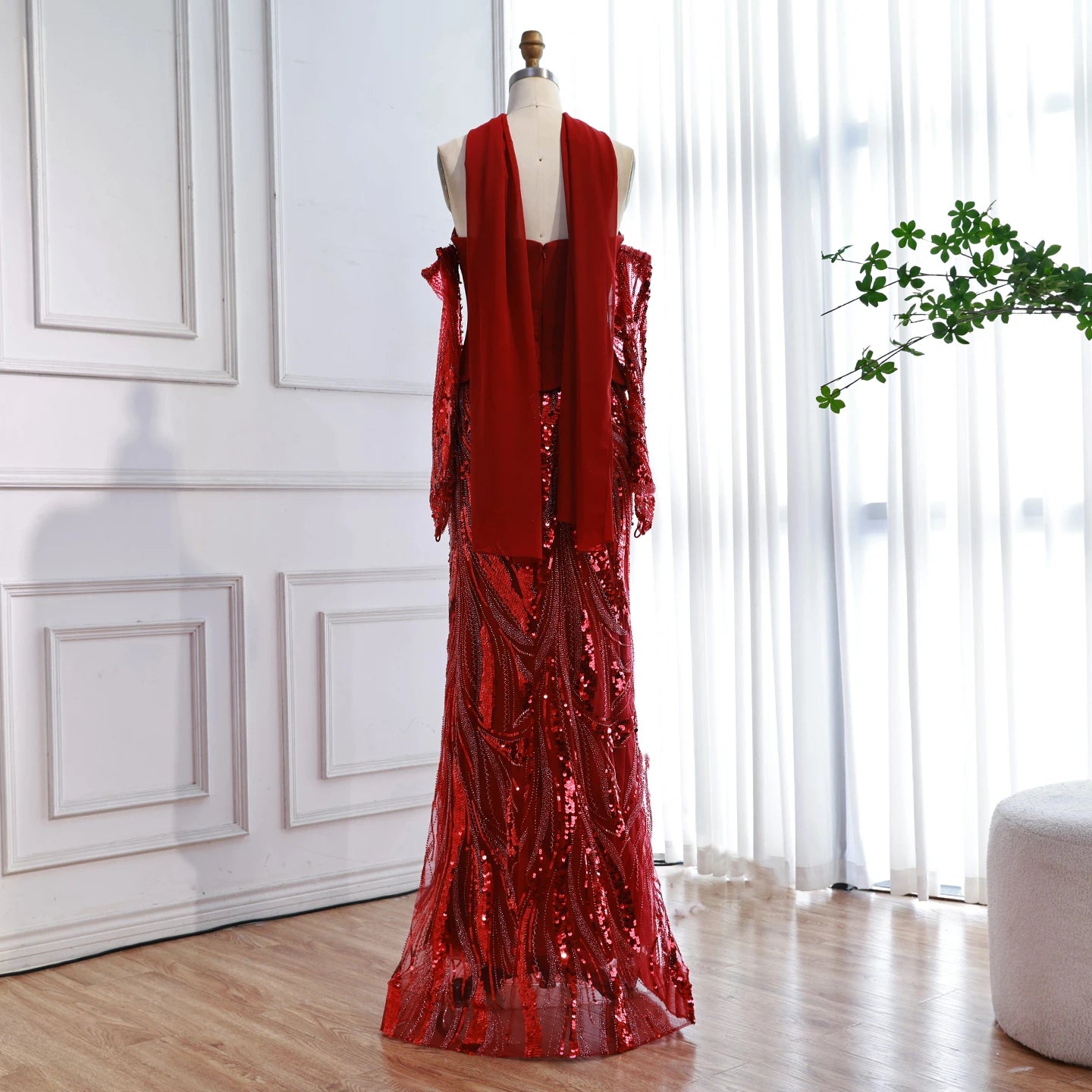 Luxuriöses weinrotes Meerjungfrauen-Abendkleid mit Handschuhen LA73050E