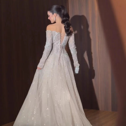 Luxury Beige Arabic A-Line Evening Dress 2026 For Wedding Party LA73333