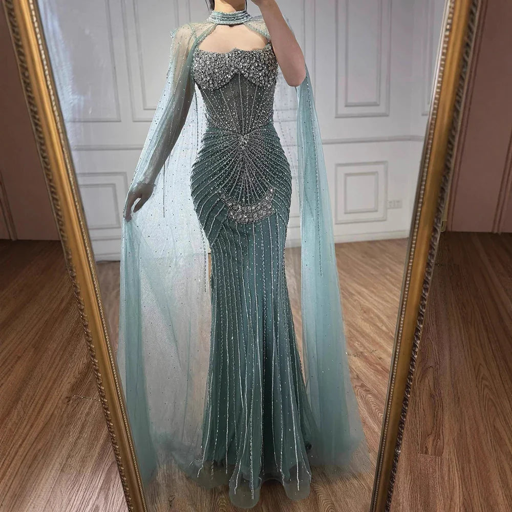 Luxury Turquoise Crystal Beaded Evening Dress with Cape LA73202
