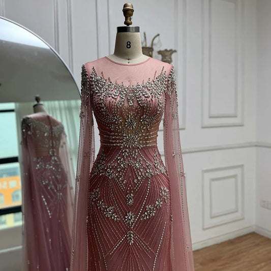 Luxury Pink Saudi Arabic Crystal Beaded Mermaid Evening Dress with Cape Sleeves LA73137